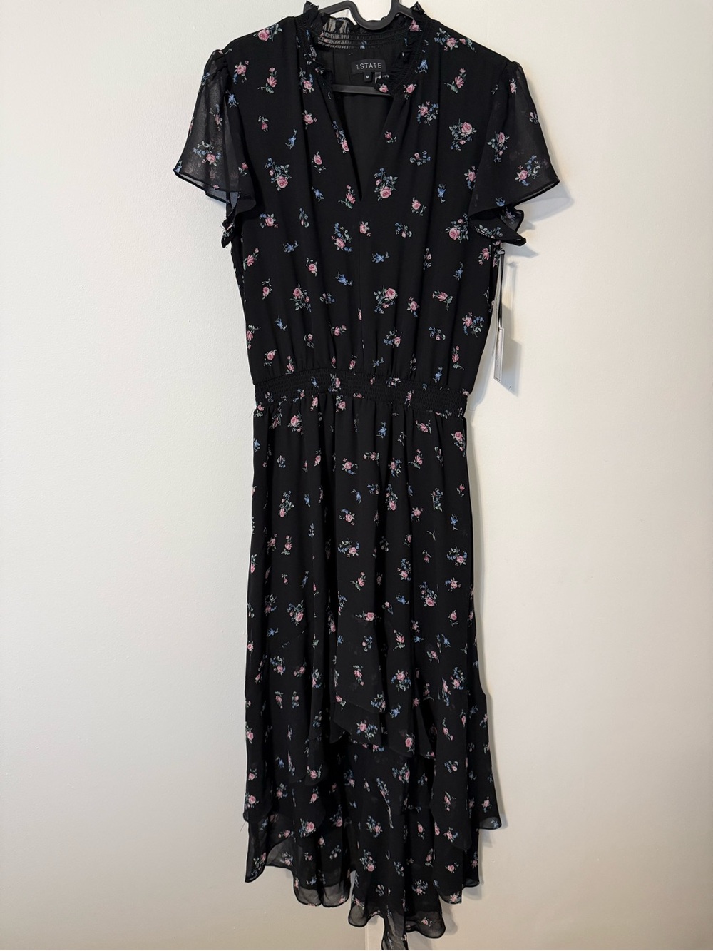 1. State Black High-Low Floral Midi Dress with Pink & Blue Blossoms